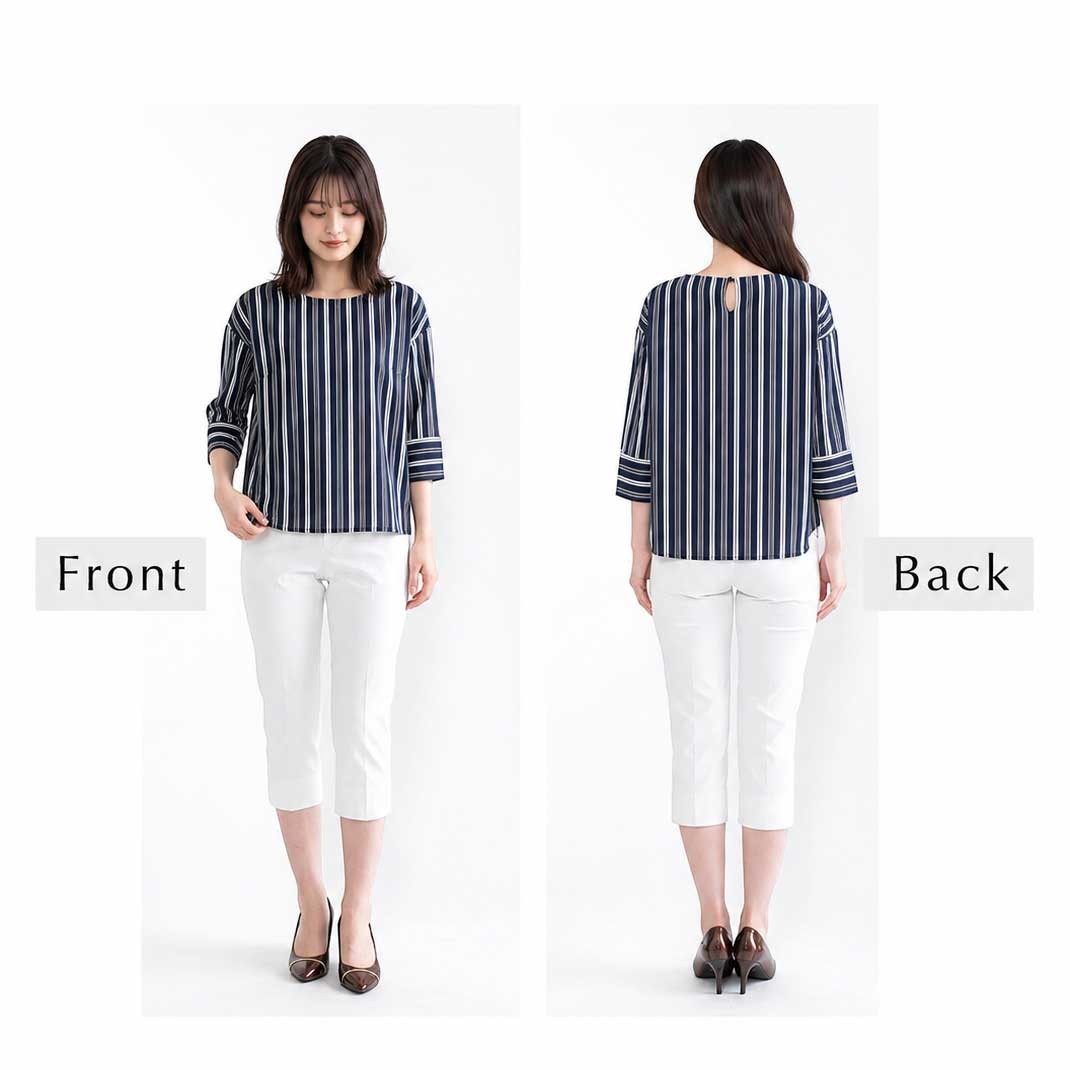 Mikonosublue Storeのホワイトクロップドパンツ。センタープレス入りで美脚効果があり、ストレッチ素材と裏地付きで快適な履き心地。
