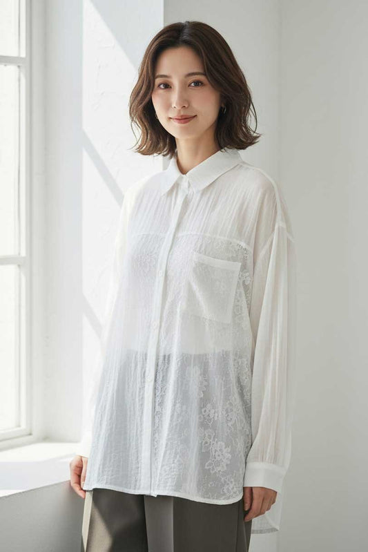 Mikonosublue Store white sheer long-sleeve blouse with floral lace paneling and a chest pocket.