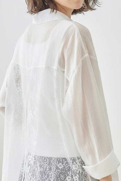 Mikonosublue Store white sheer long-sleeve blouse with floral lace paneling and relaxed fit.