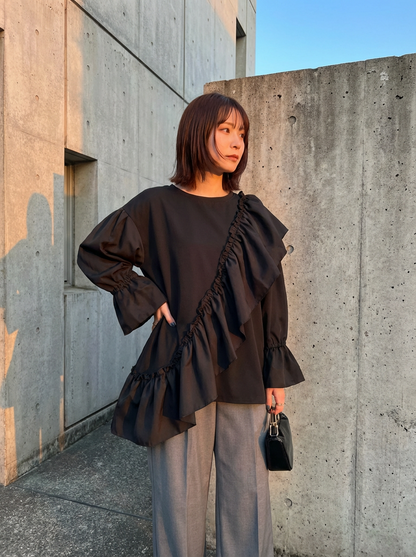 【M～L】アシンメトリーフリル プルオーバー トップス チュニック｜斜めデザイン・長袖・大人モード economico・12982198