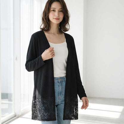 裾レース 切り替え トッパー カーディガン 長袖 ゆったり 体型カバー 羽織り M-L