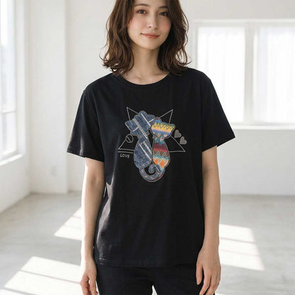 ラインストーン 猫 モチーフ デコ Tシャツ 半袖 ゆったり 体型カバー L-LL