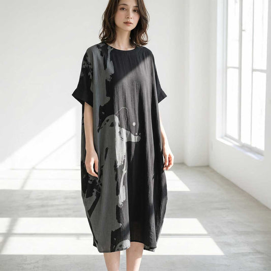 モノトーン アート プリント ワンピース コクーン ゆったり 体型カバー L-LL