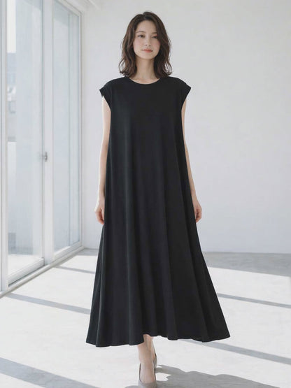 ノースリーブ フレアワンピース ロング丈 綿100 ゆったり 体型カバー 着痩せ M