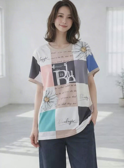 パネル柄 花柄 ロゴ プリント Tシャツ チュニック 半袖 ゆったり L-LL 体型カバー
