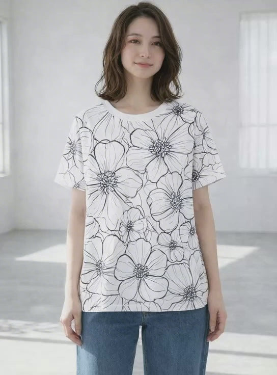 線画風 花柄 プリント Tシャツ チュニック 半袖 ゆったり 体型カバー