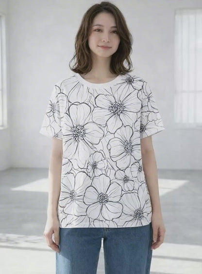 線画風 花柄 プリント Tシャツ チュニック 半袖 ゆったり 体型カバー 着痩せ M-L