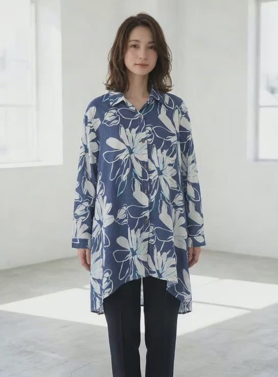 大判 花柄 プリント ロングシャツ チュニック ゆったり 体型カバー 綿
