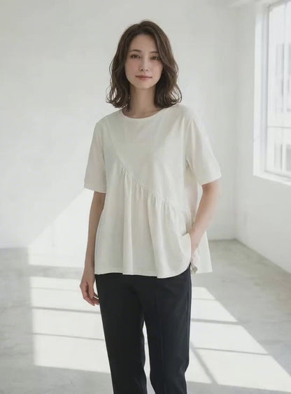 アシンメトリー 切替 フレア カットソー Tシャツ 半袖 綿100 ゆったり 着痩せ M