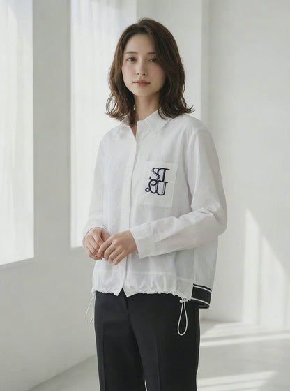 胸元刺繍 ドローストリング デザインシャツ 長袖 裾ドロスト 襟付き きれいめ カジュアル ブラウス