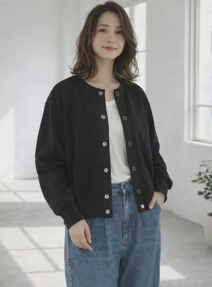 【フリー】ハニカムストレッチ袖ボリュームカーディガン 綿混 スナップボタン 肉厚 羽織り Sans Souci 34+