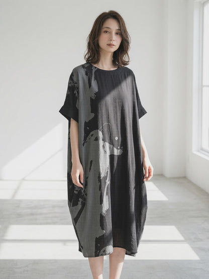 モノトーン アート プリント ワンピース コクーン ゆったり 体型カバー L-LL