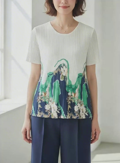 裾プリント プリーツ 半袖 ブラウス チュニック Aライン 体型カバー ゆったり レディース M-L