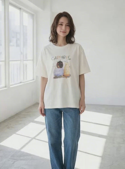 仲良し猫 イラスト プリント Tシャツ 半袖 綿100 ゆったり 体型カバー L-LL