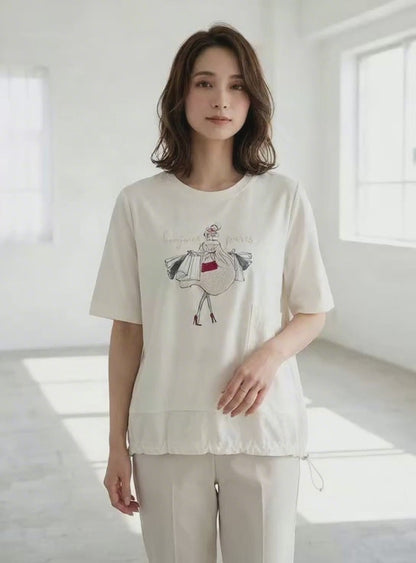 パリジェンヌ グラフィック 異素材切替 ドロスト Tシャツ 半袖 ゆったり M-L
