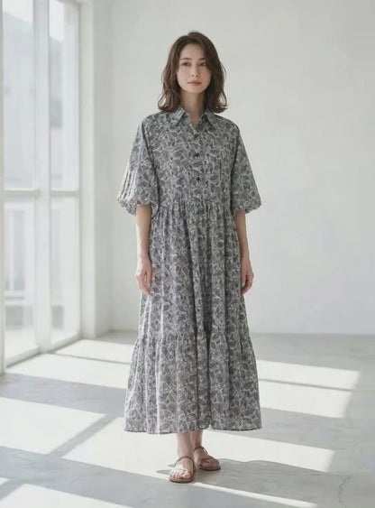 モノトーン ペイズリー柄 袖バルーン ティアード マキシ ワンピース 半袖 ゆったり M