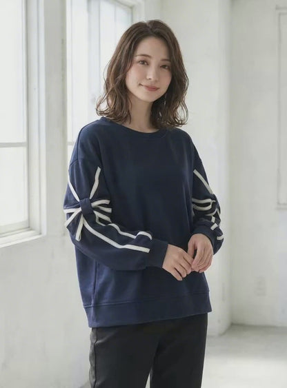 リボンスリーブ デザインプルオーバー 長袖 カットソー リボン ラインテープ ゆったり