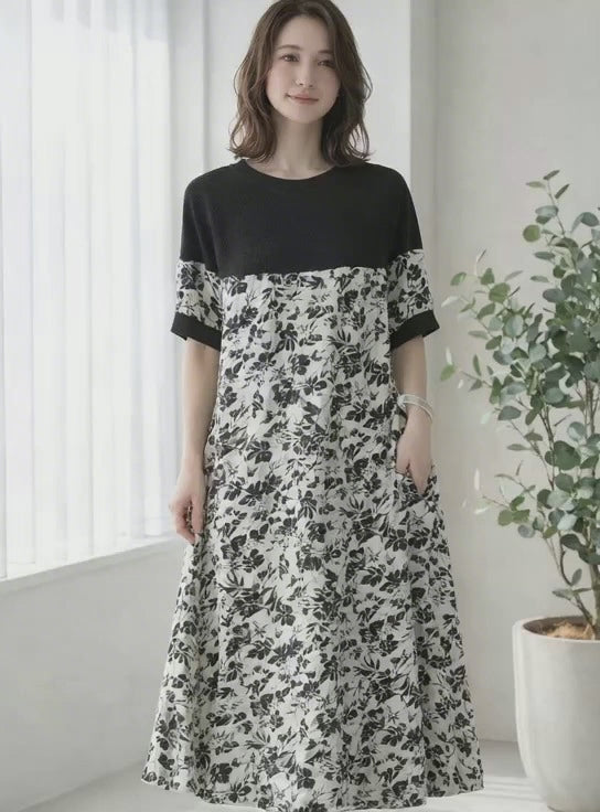 今季商品モノトーン花柄切り替えワンピースサイズ44 ea7516a6e54c4689935bab90405344