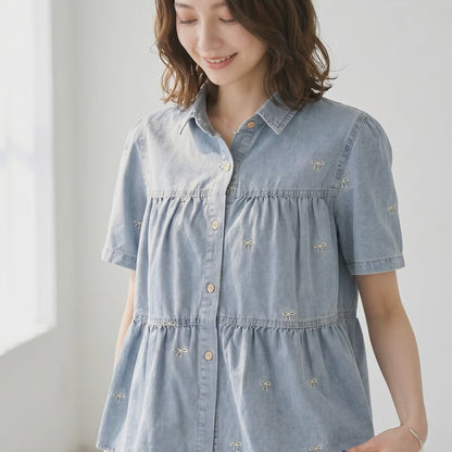 リボン柄 刺繍 半袖 デニム ジャケット 羽織り ゆったり 体型カバー M-L