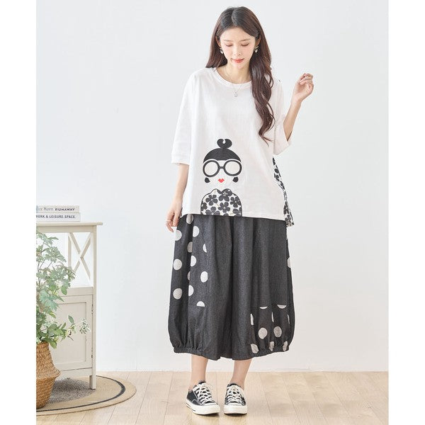 【M〜L】ドット切り替えバルーンデニムパンツ 大人可愛い個性派シルエット 綿100％