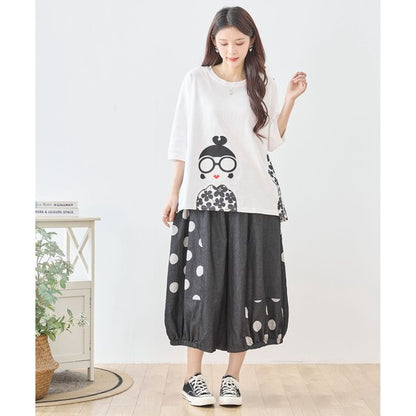 【M〜L】ドット切り替えバルーンデニムパンツ 大人可愛い個性派シルエット 綿100％