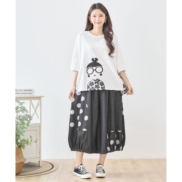 【M〜L】ドット切り替えバルーンデニムパンツ 大人可愛い個性派シルエット 綿100％