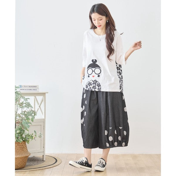 【M〜L】ドット切り替えバルーンデニムパンツ 大人可愛い個性派シルエット 綿100％
