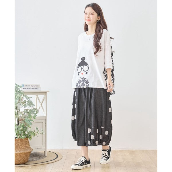 【M〜L】ドット切り替えバルーンデニムパンツ 大人可愛い個性派シルエット 綿100％