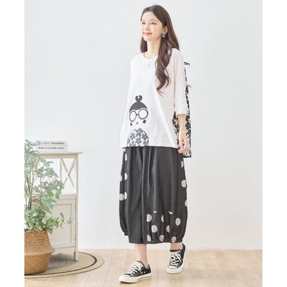 【M〜L】ドット切り替えバルーンデニムパンツ 大人可愛い個性派シルエット 綿100％