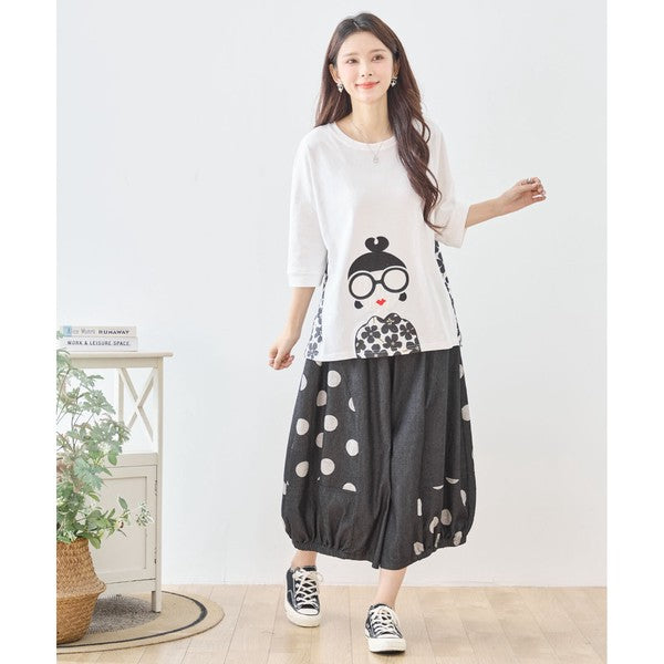 【M〜L】ドット切り替えバルーンデニムパンツ 大人可愛い個性派シルエット 綿100％