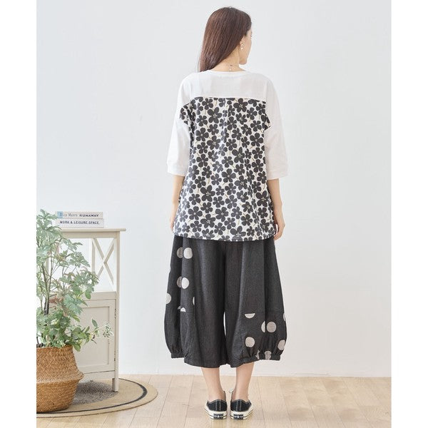 【M〜L】ドット切り替えバルーンデニムパンツ 大人可愛い個性派シルエット 綿100％