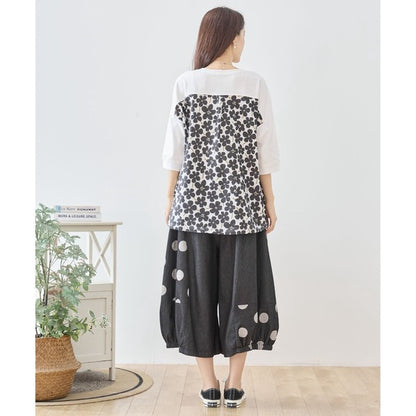 【M〜L】ドット切り替えバルーンデニムパンツ 大人可愛い個性派シルエット 綿100％