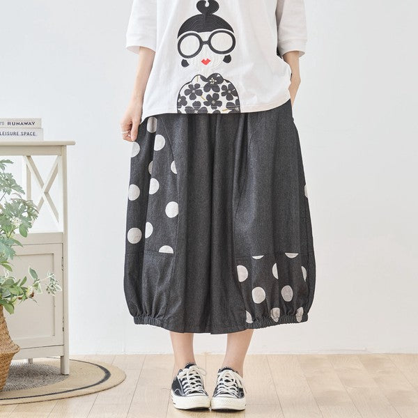 【M〜L】ドット切り替えバルーンデニムパンツ 大人可愛い個性派シルエット 綿100％