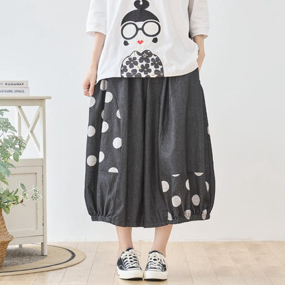 【M〜L】ドット切り替えバルーンデニムパンツ 大人可愛い個性派シルエット 綿100％