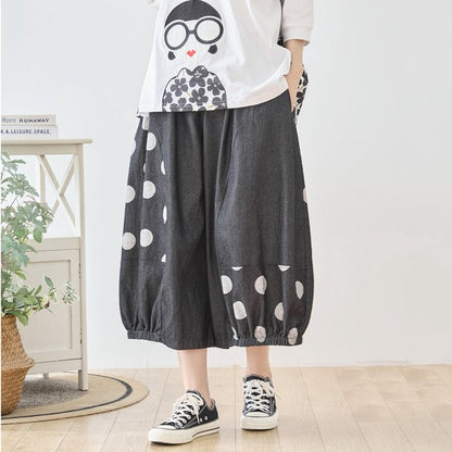 【M〜L】ドット切り替えバルーンデニムパンツ 大人可愛い個性派シルエット 綿100％