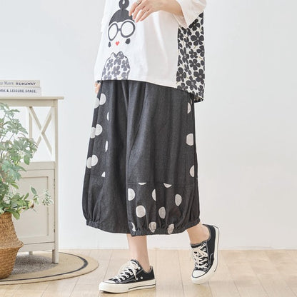 【M〜L】ドット切り替えバルーンデニムパンツ 大人可愛い個性派シルエット 綿100％