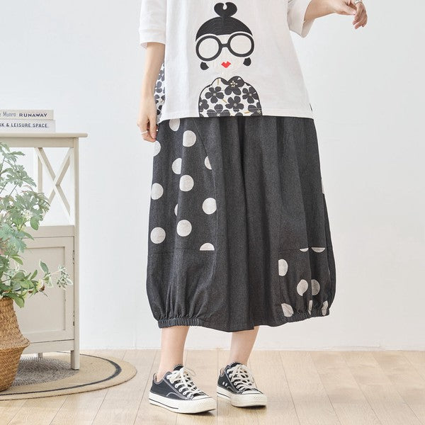 【M〜L】ドット切り替えバルーンデニムパンツ 大人可愛い個性派シルエット 綿100％