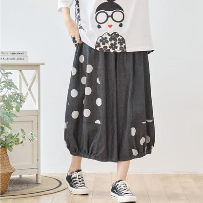 【M〜L】ドット切り替えバルーンデニムパンツ 大人可愛い個性派シルエット 綿100％