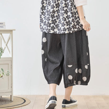【M〜L】ドット切り替えバルーンデニムパンツ 大人可愛い個性派シルエット 綿100％