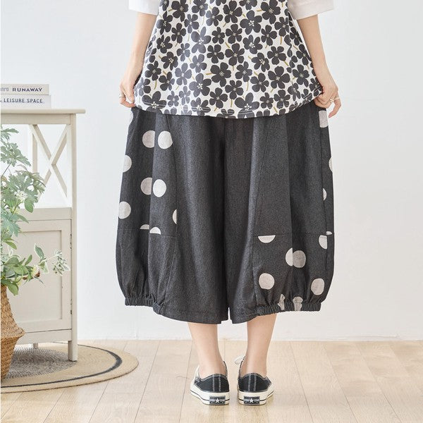 【M〜L】ドット切り替えバルーンデニムパンツ 大人可愛い個性派シルエット 綿100％