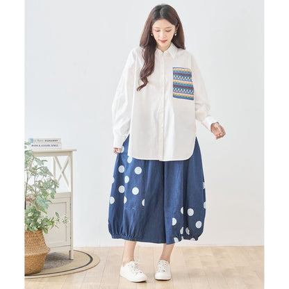 【M〜L】ドット切り替えバルーンデニムパンツ 大人可愛い個性派シルエット 綿100％