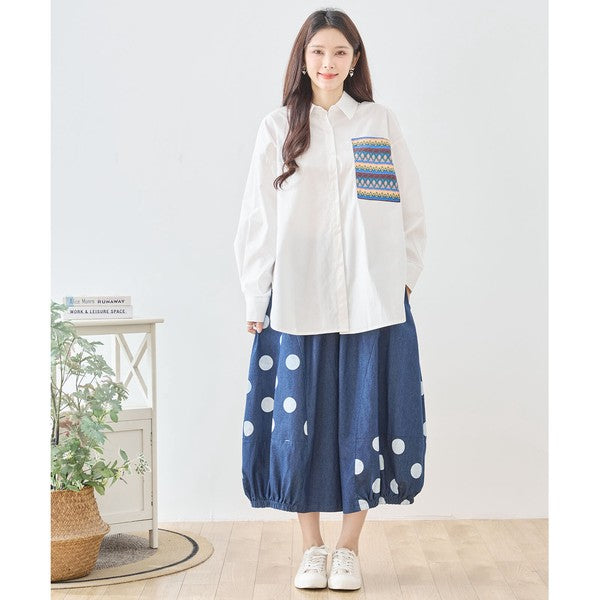 【M〜L】ドット切り替えバルーンデニムパンツ 大人可愛い個性派シルエット 綿100％