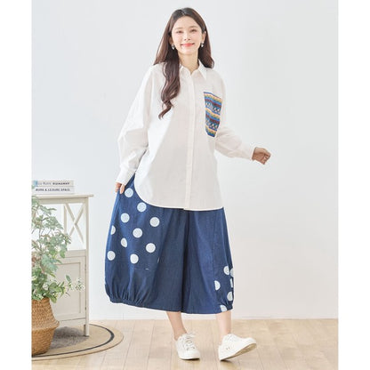 【M〜L】ドット切り替えバルーンデニムパンツ 大人可愛い個性派シルエット 綿100％