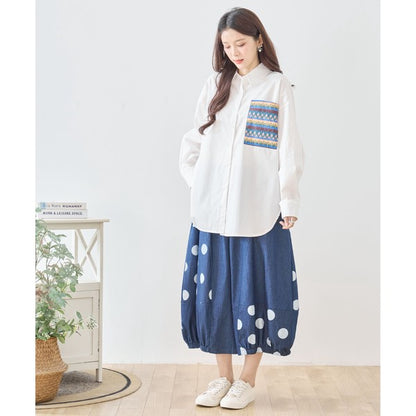 【M〜L】ドット切り替えバルーンデニムパンツ 大人可愛い個性派シルエット 綿100％