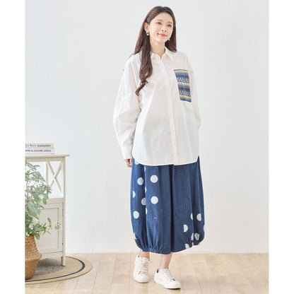 【M〜L】ドット切り替えバルーンデニムパンツ 大人可愛い個性派シルエット 綿100％