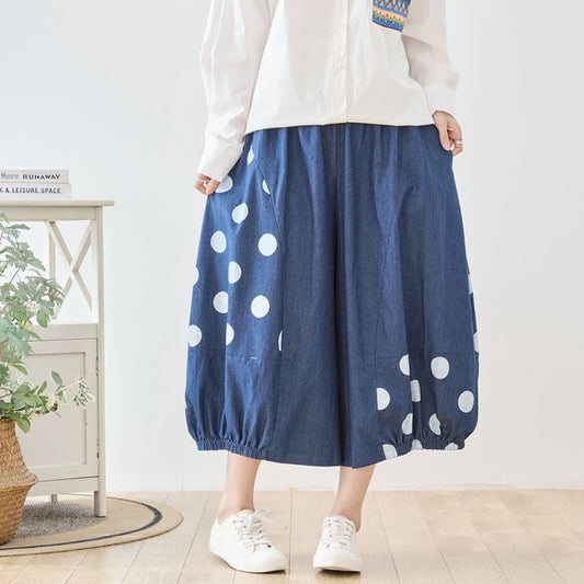 【M〜L】ドット切り替えバルーンデニムパンツ 大人可愛い個性派シルエット 綿100％