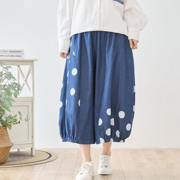 【M〜L】ドット切り替えバルーンデニムパンツ 大人可愛い個性派シルエット 綿100％