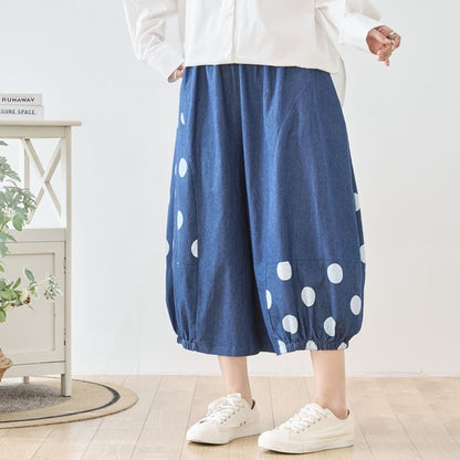 【M〜L】ドット切り替えバルーンデニムパンツ 大人可愛い個性派シルエット 綿100％