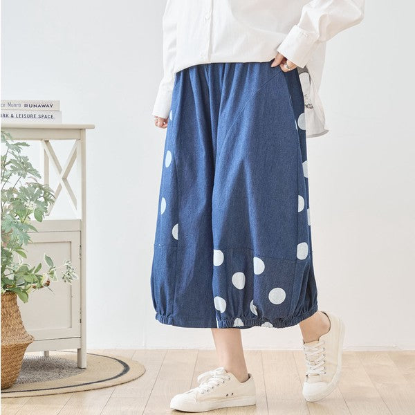 【M〜L】ドット切り替えバルーンデニムパンツ 大人可愛い個性派シルエット 綿100％