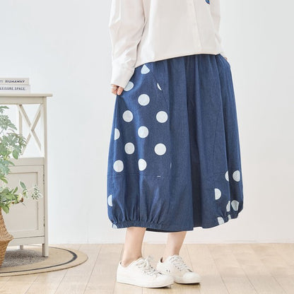 【M〜L】ドット切り替えバルーンデニムパンツ 大人可愛い個性派シルエット 綿100％